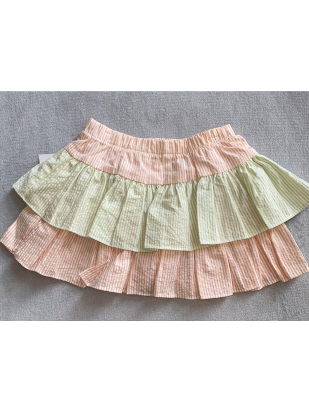 Castles & Crowns 3T tiered ruffle skirt green peach orange stripe seersucker